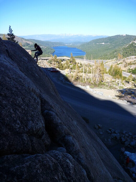 Rappelling with Donner Lake in the distance