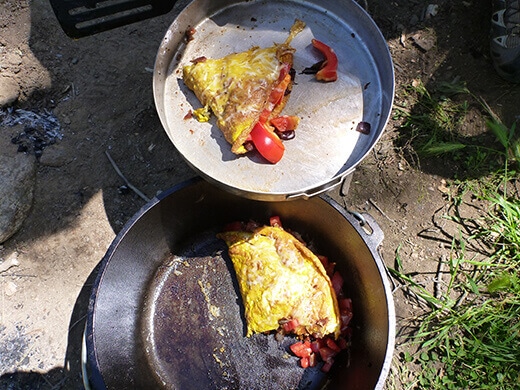 Cowboy omelet in a Dutch oven