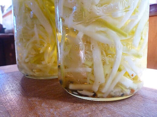 Pickle the kohlrabi slaw for at least three days for best flavor