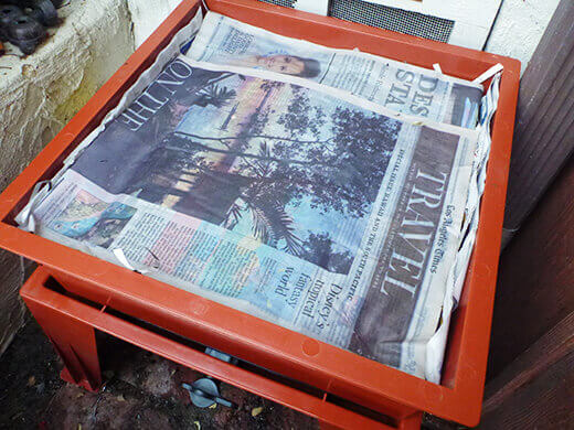 Layer a few sheets of moist newspaper on top of everything