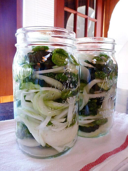 Pack jars with cucumber and onion slices