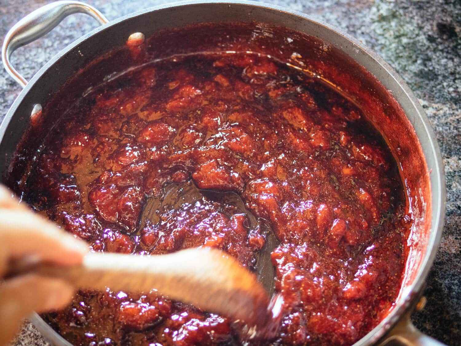 Boil until the consistency thickens and reduces into a jam