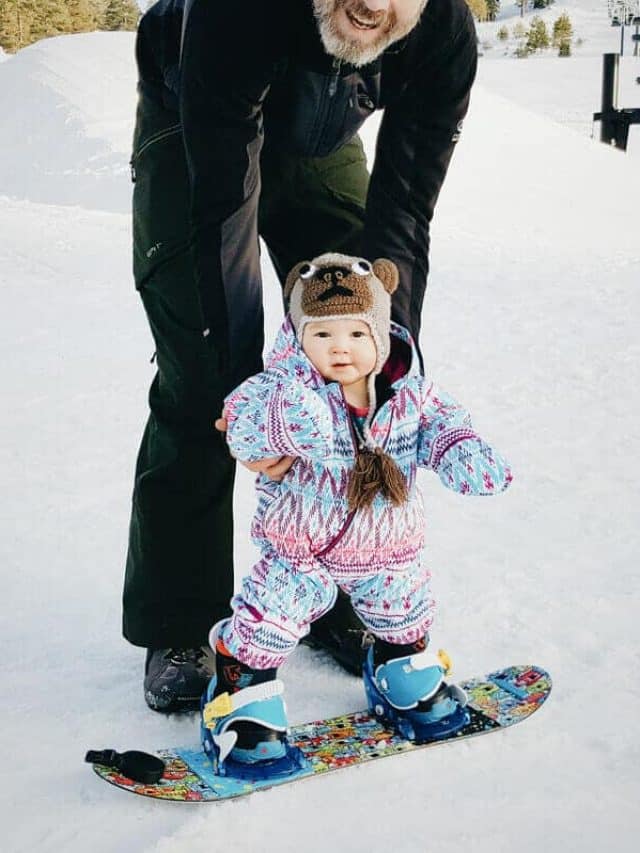 Introducing my 10-month-old baby to snowboarding