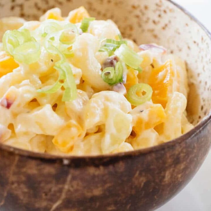 Hawaiian mac salad with pickled beets, carrots, celery, and onions