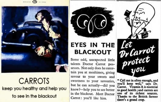 Propaganda posters that claim carrots can help night vision