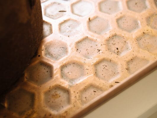 Embossed metal boot tray repurposed as plant tray