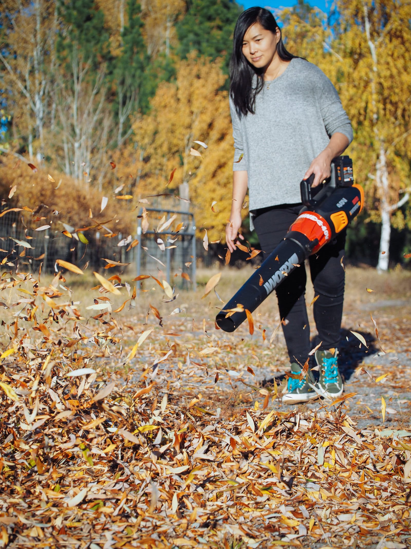 Blowing leaves with the WORX cordless blower