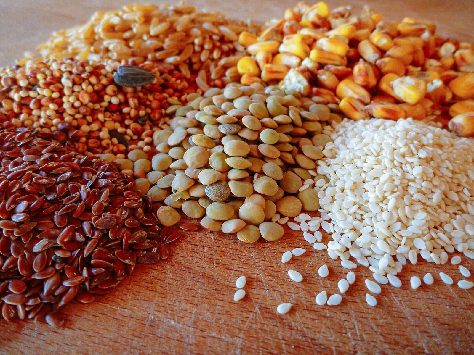 Handfuls of flax seeds, wheat berries, millet, lentils, corn, and sesame seeds piled on a butcher block surface
