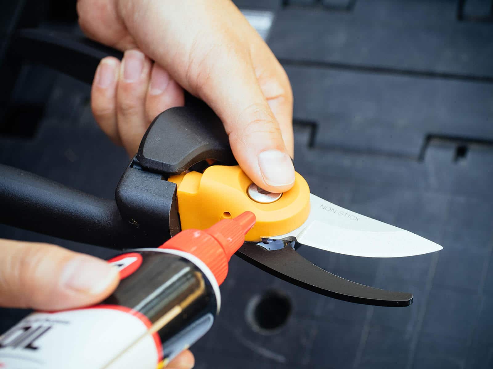 Hand squirting a few drops of 3-IN-ONE Multi-Purpose Oil in the pivot joint of a pair of garden pruners