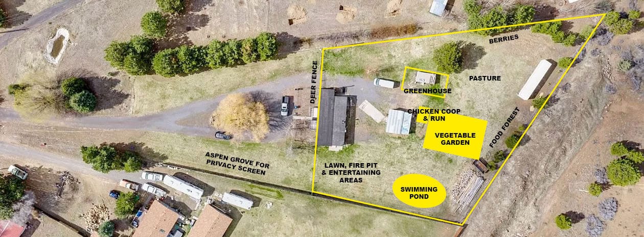 Aerial view of my property with graphic overlays of where different parts of the garden will be installed