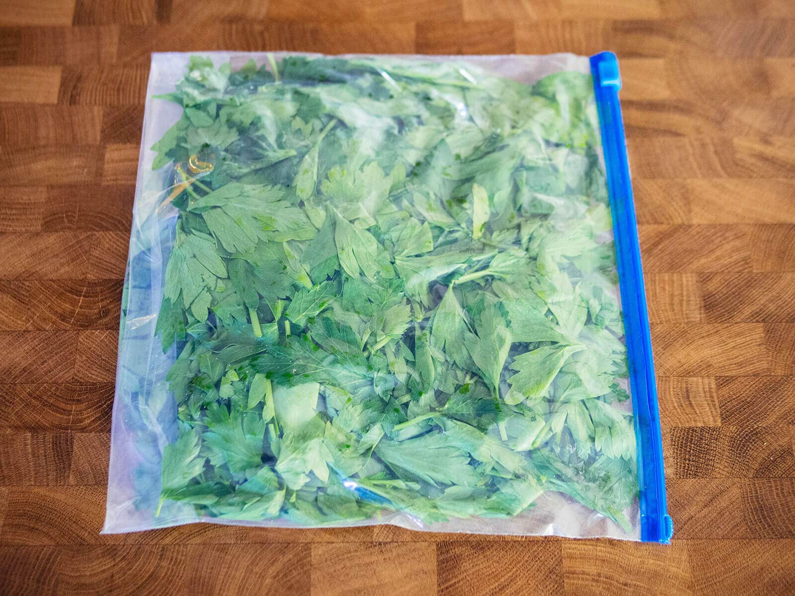 Freezer bag full of parsley leaves with all the air expressed