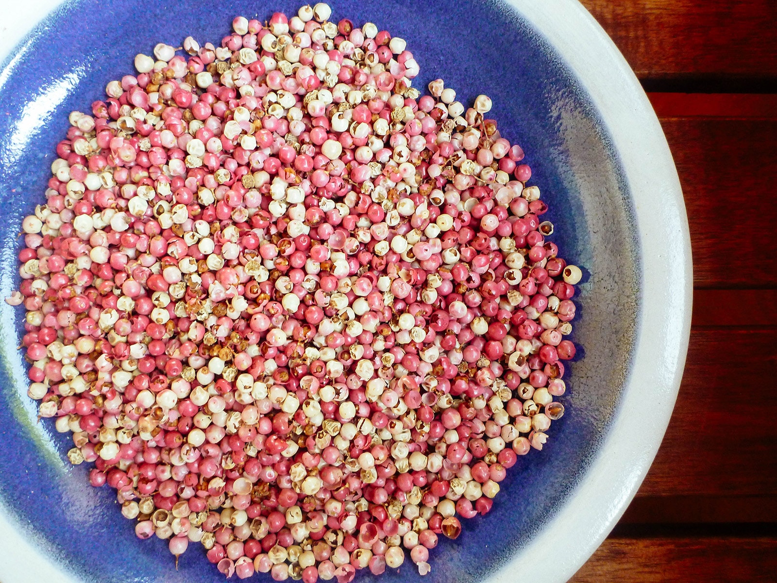 Foraged pink pepper tree berries drying on a blue plate