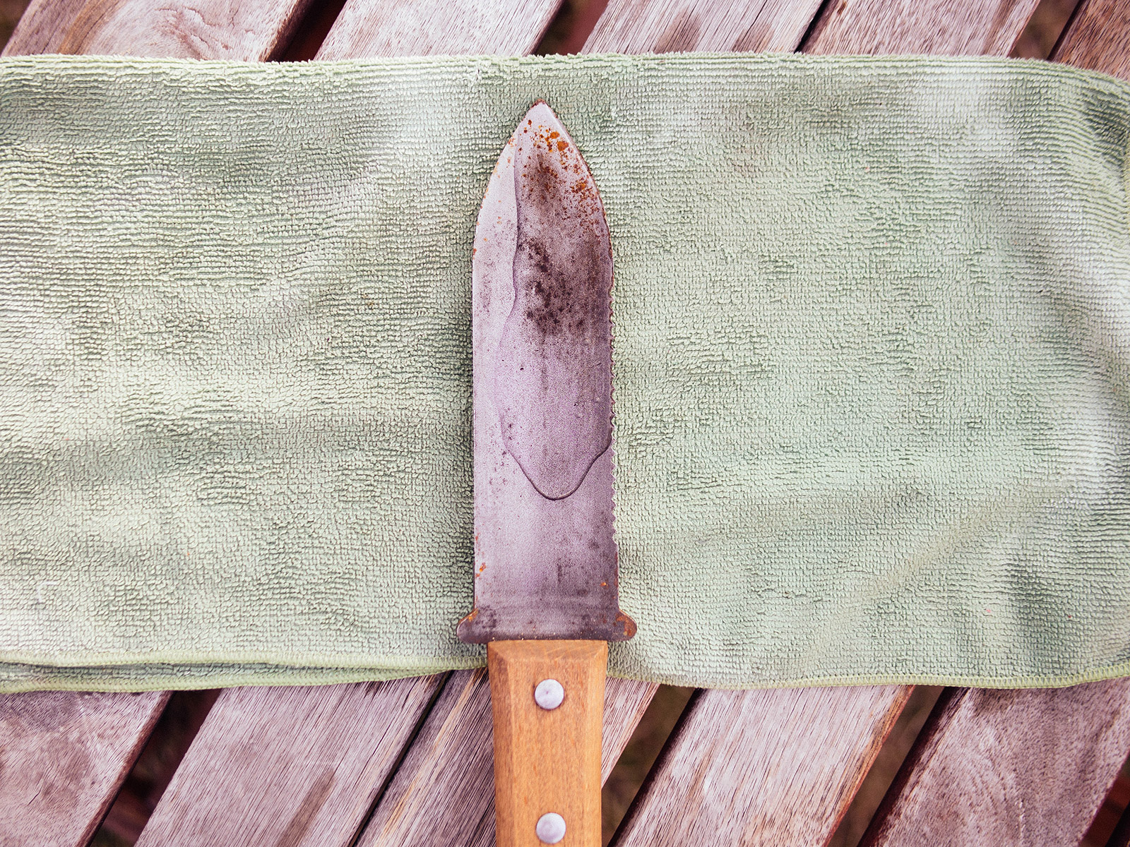 Rusty hori hori knife laying on top of a green vinegar-soaked towel