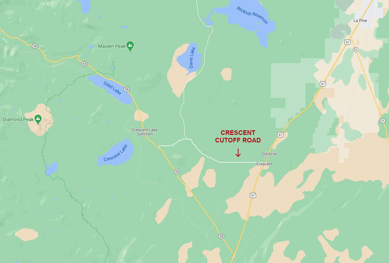 Map showing the turnoff for Crescent Cutoff Road off Highway 97 in Central Oregon