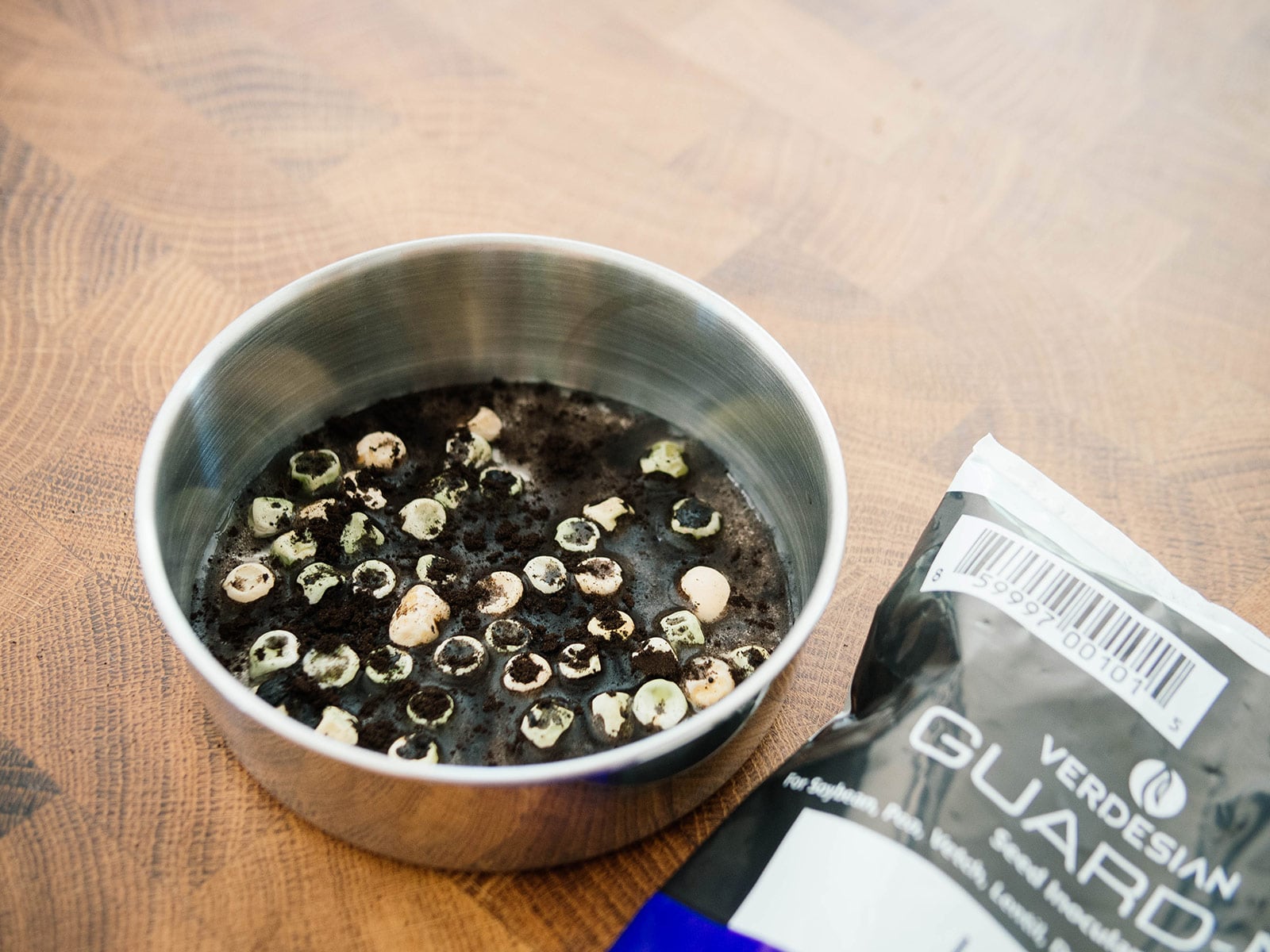 Pea seeds being inoculated in a small silver dish on a wooden counter