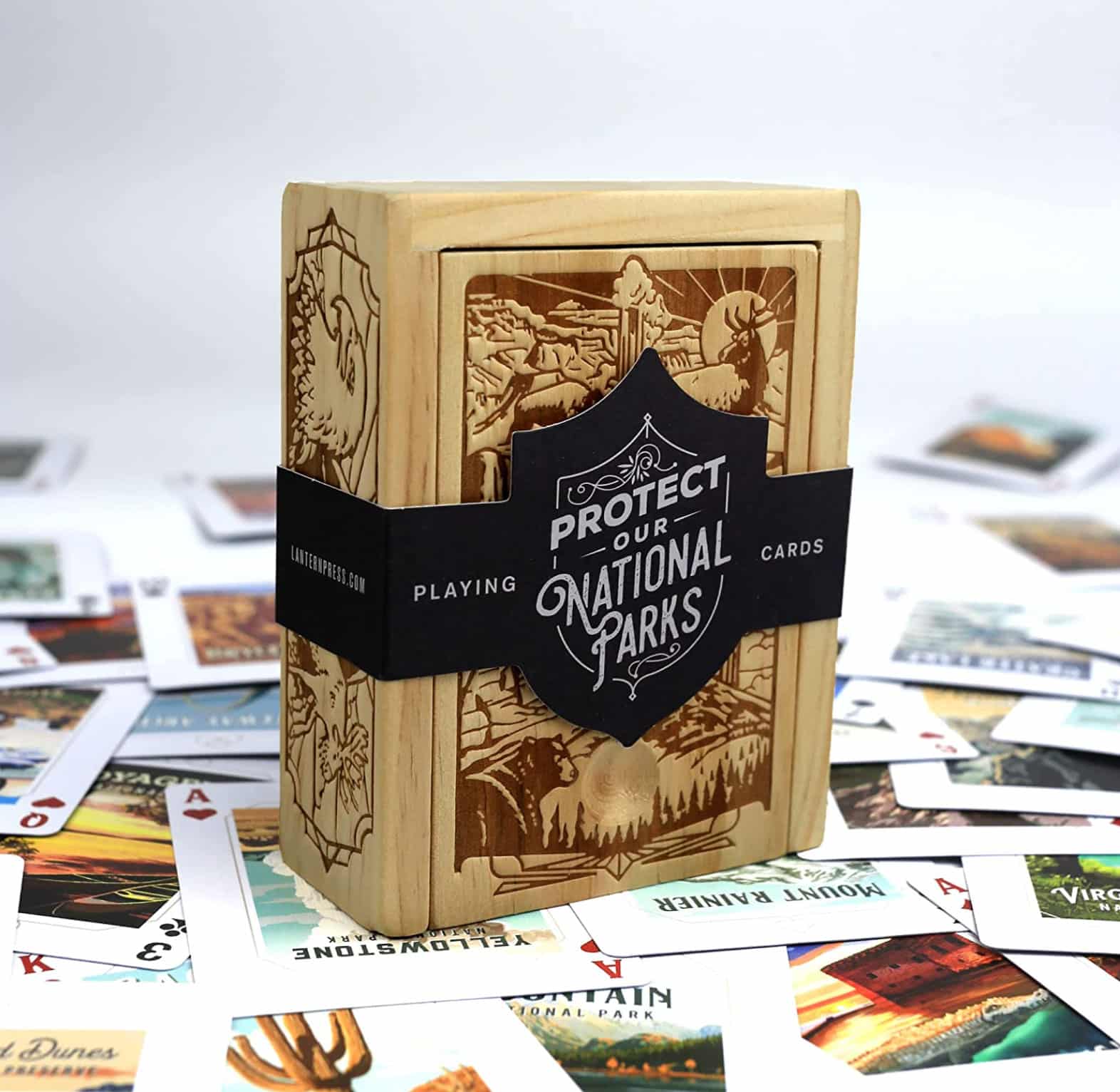 National park playing cards in an embossed wooden case