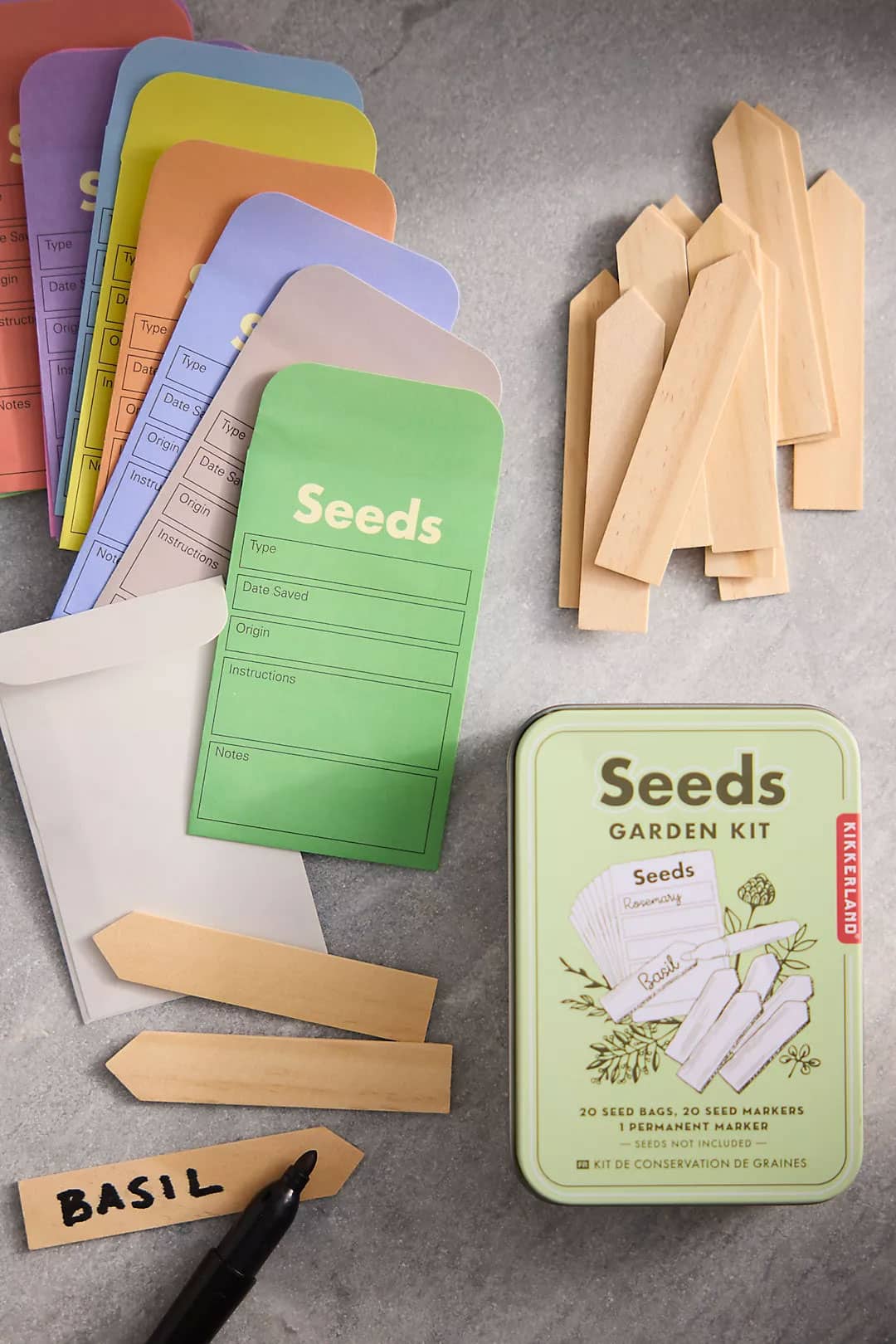 Seed envelope kit with storage tin