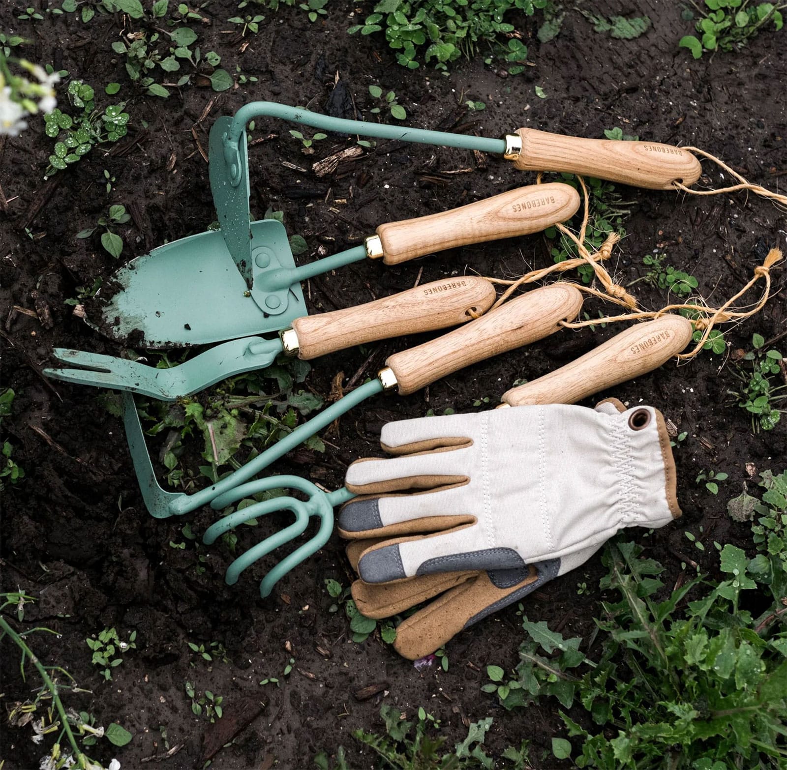 Barebones mint green gardening tools with ash wood handles