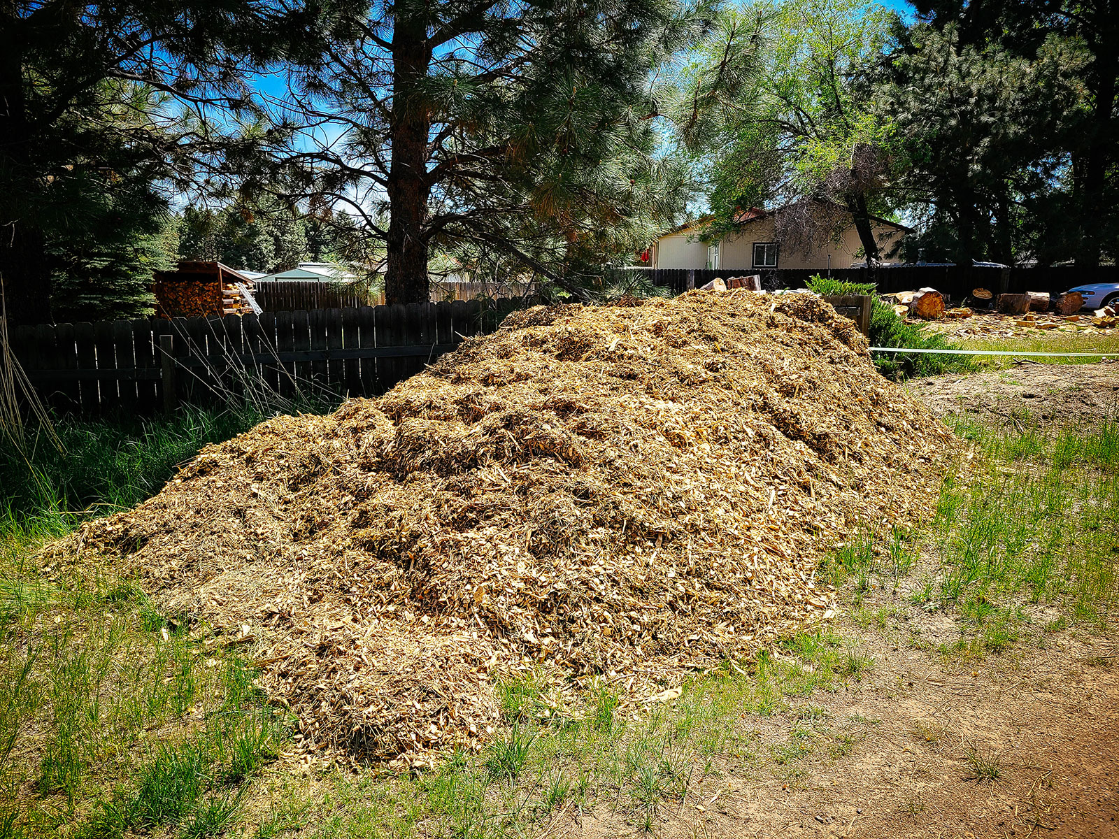 A pile of wood chips against a fence in a yard