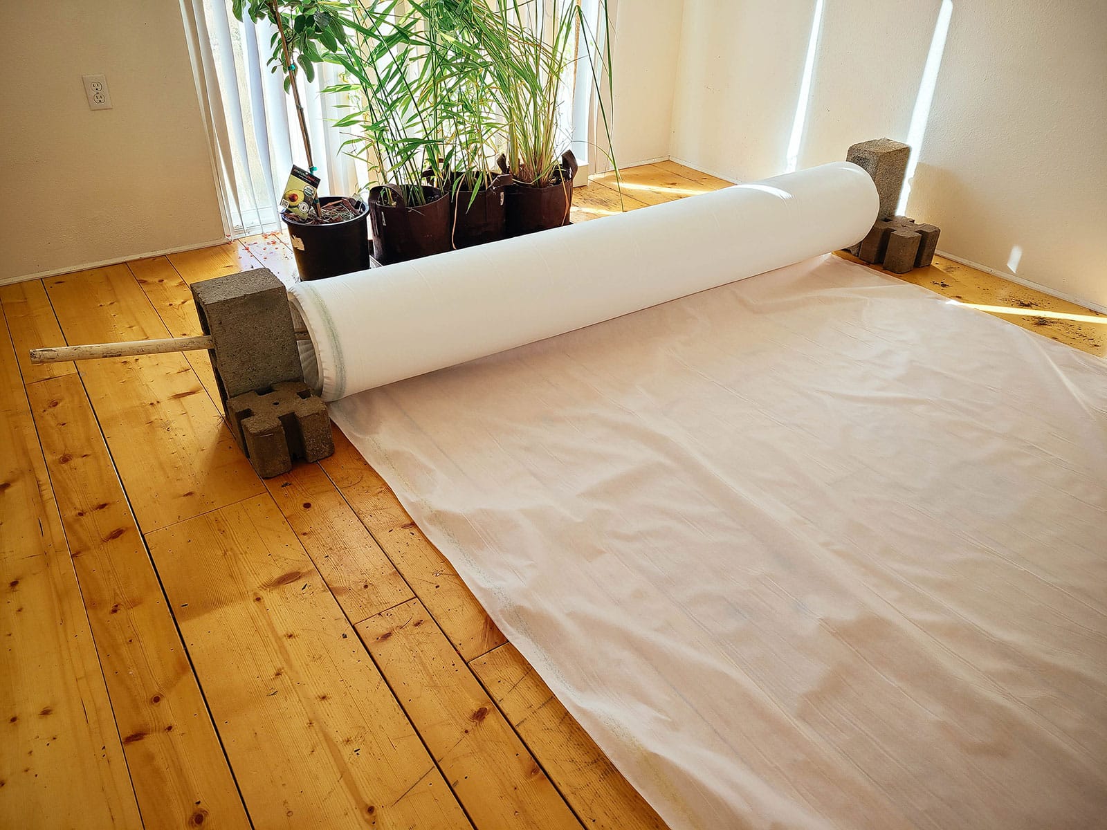 A large roll of Agribon frost cloth pulled out over a wooden floor