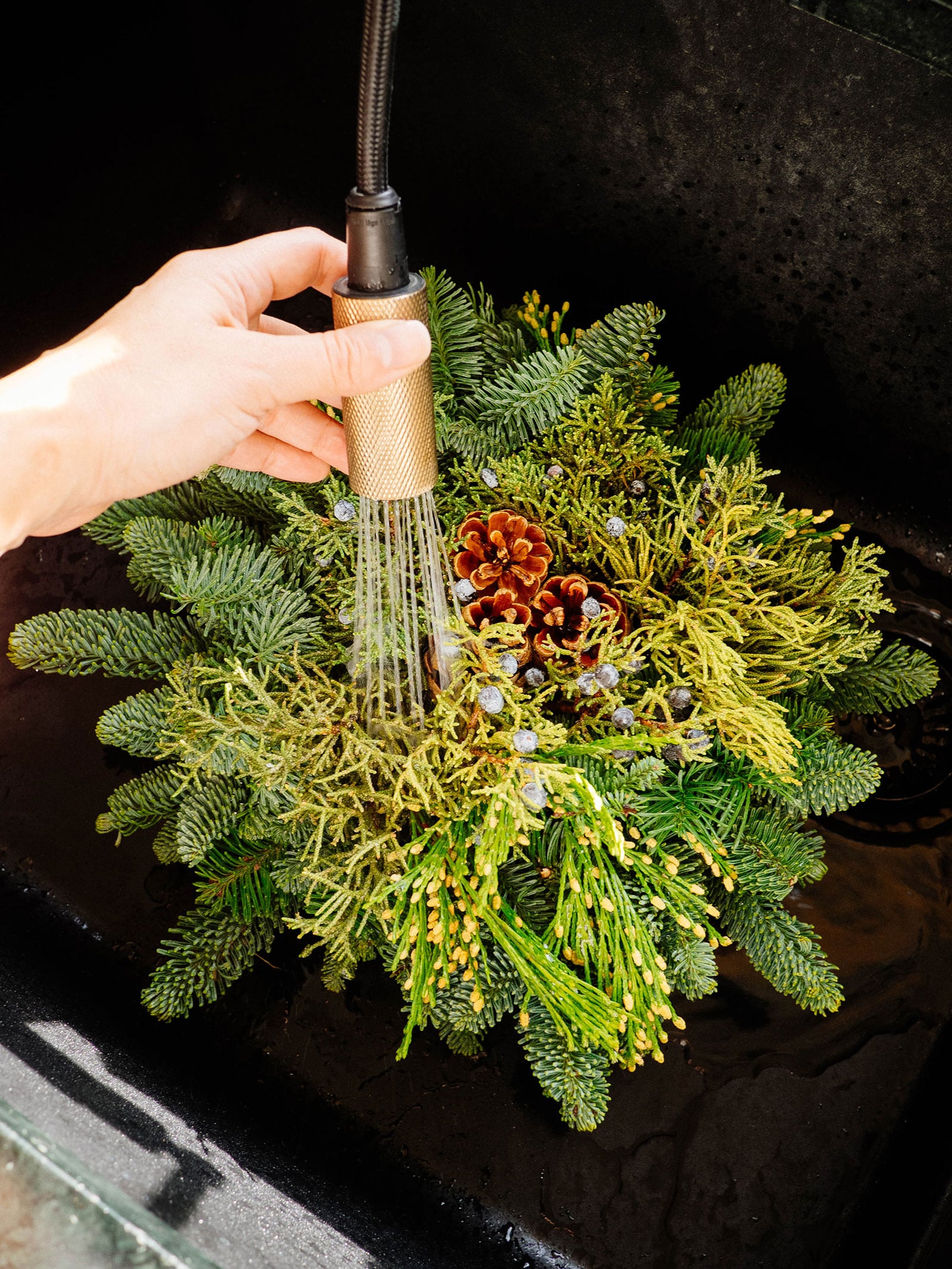 An evergreen centerpiece being sprayed down in a black sink