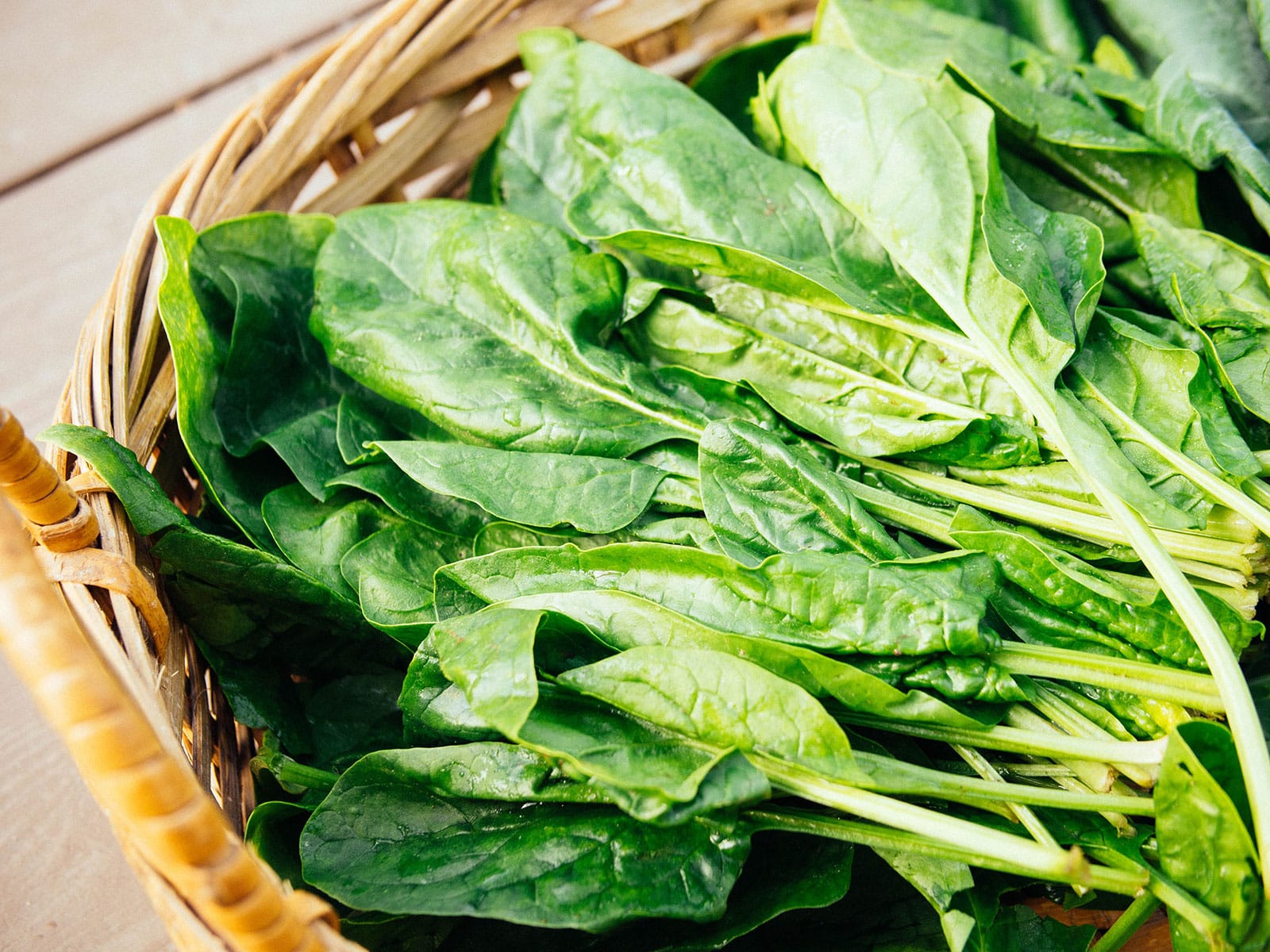 Freshly harvested spinach piled in a wicker basket