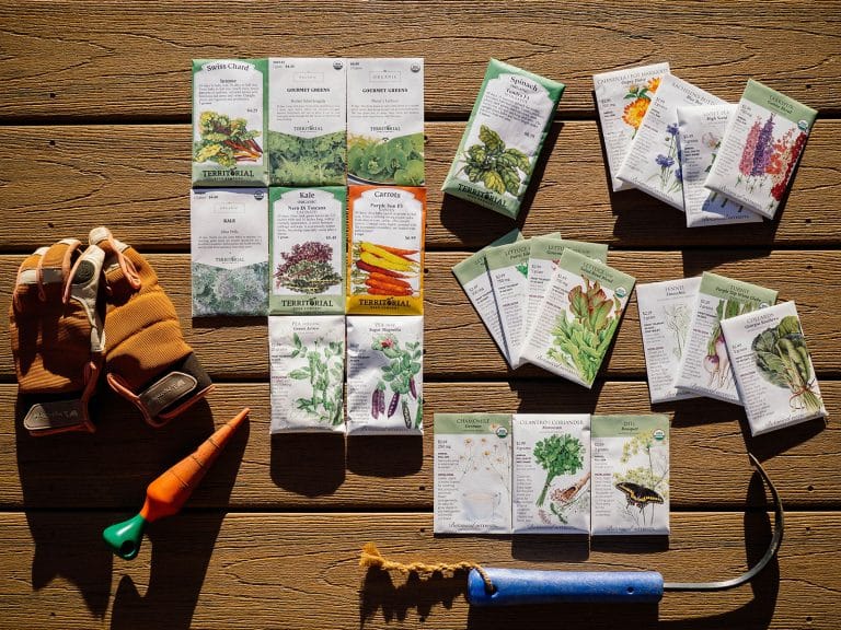 A flat lay view of multiple seed packets arranged on a brown deck with a pair of garden gloves, a plant dibber, and a Cobrahead cultivating tool