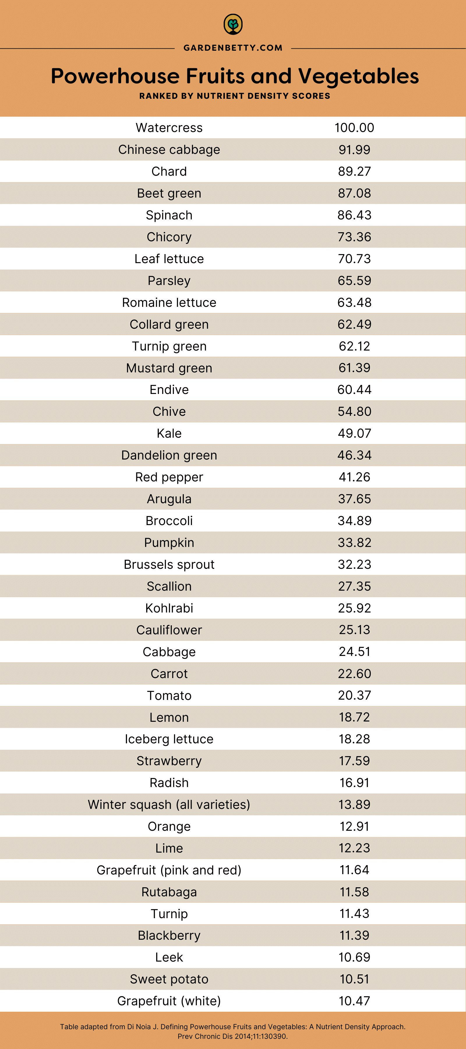 Chart listing powerhouse fruits and vegetables ranked by nutrient density scores