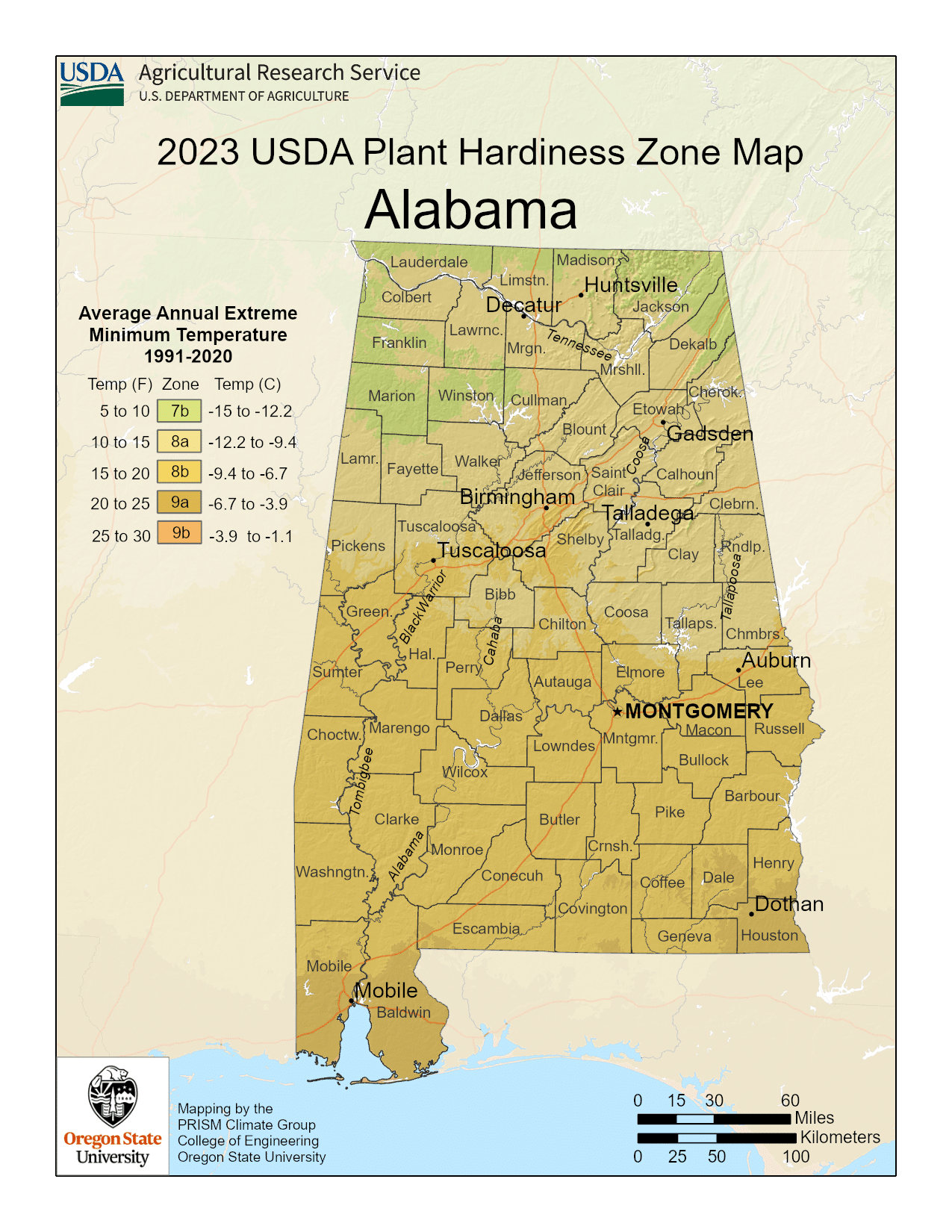 Alabama USDA hardiness zone map