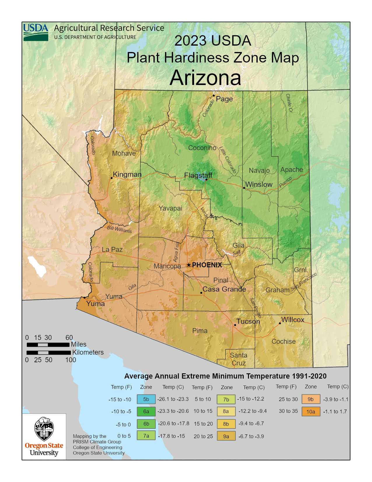 Arizona USDA hardiness zone map