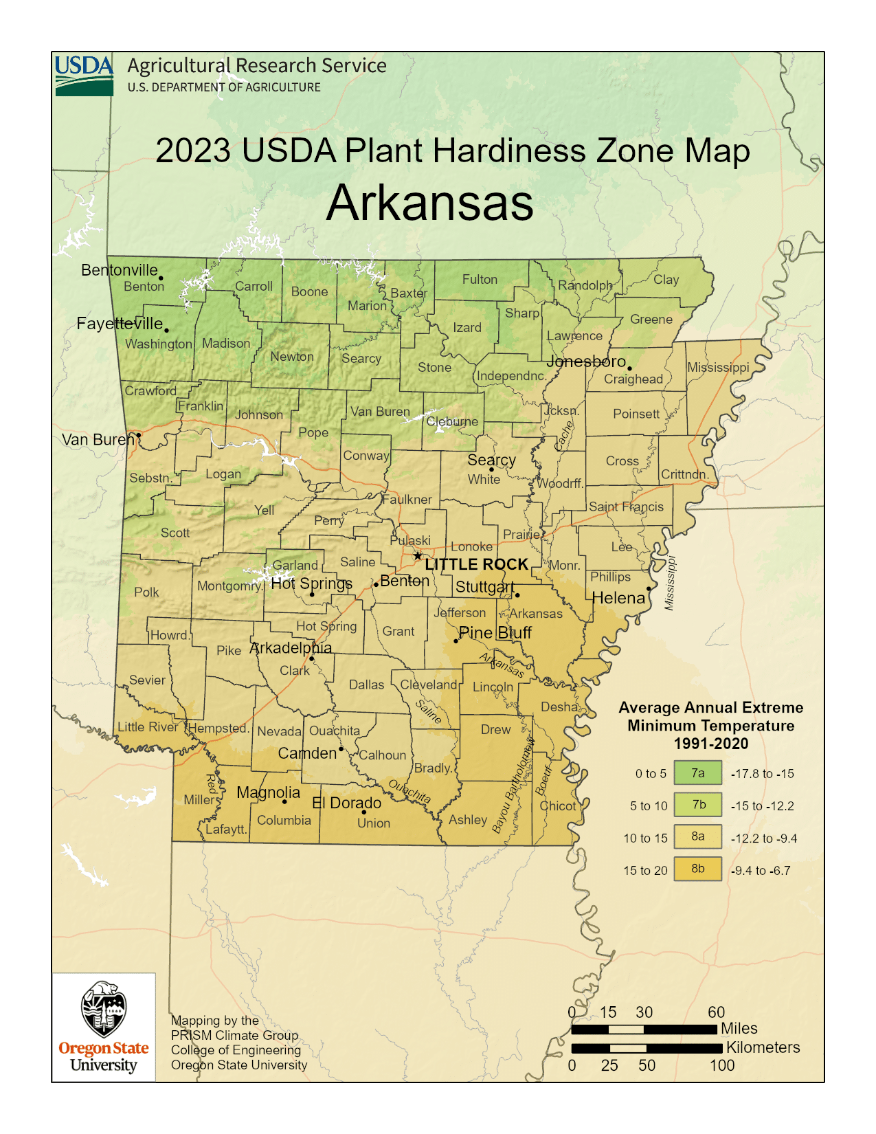 Arkansas USDA hardiness zone map