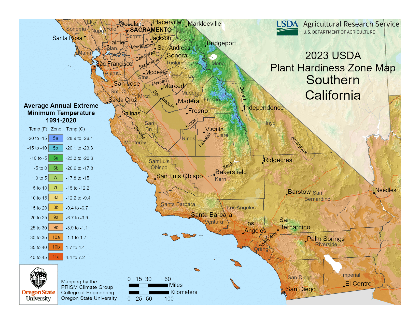 Southern California USDA hardiness zone map