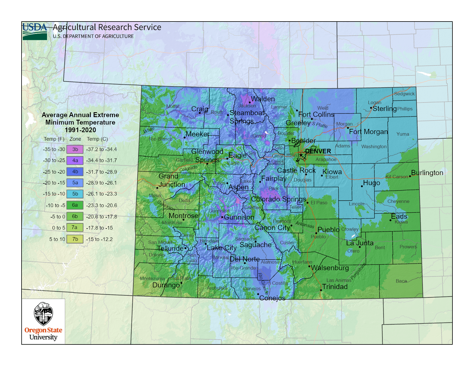 Colorado USDA hardiness zone map