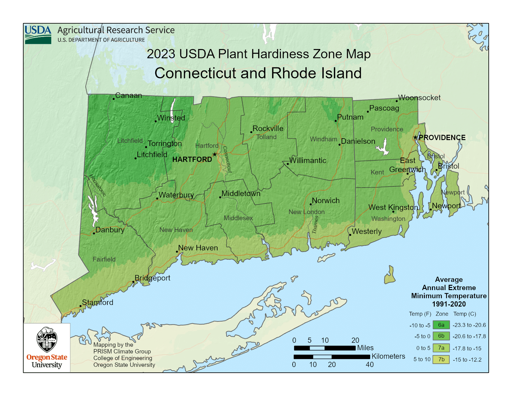 Connecticut USDA hardiness zone map