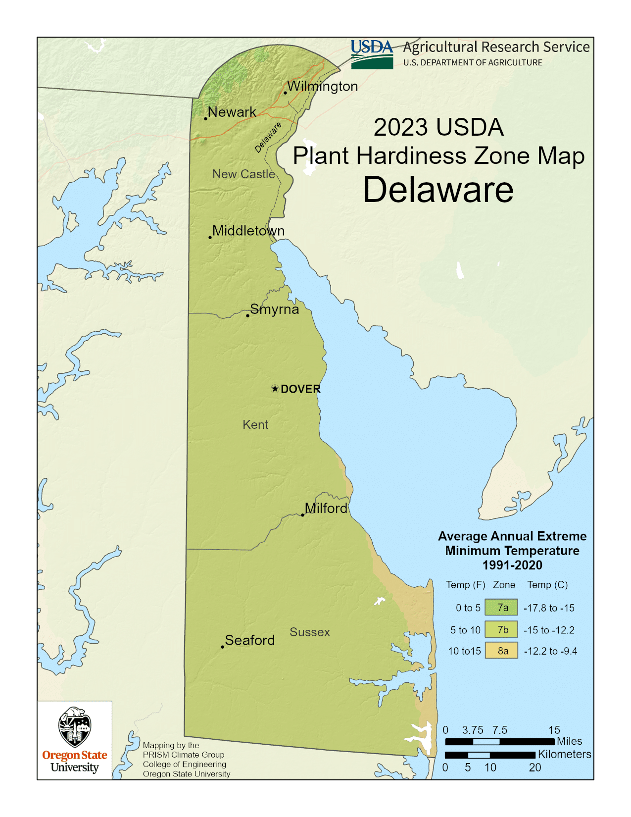 Delaware USDA hardiness zone map