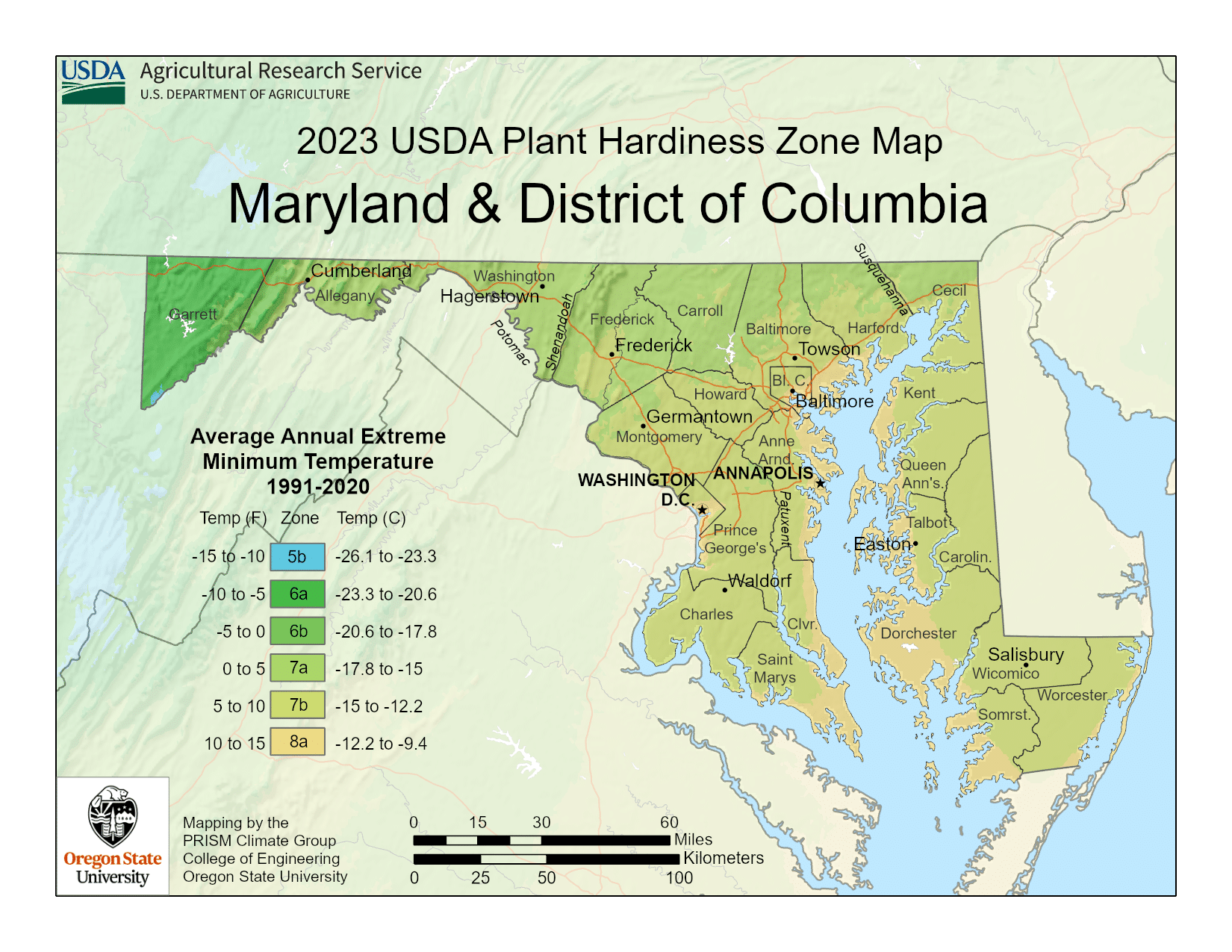 District of Columbia USDA hardiness zone map