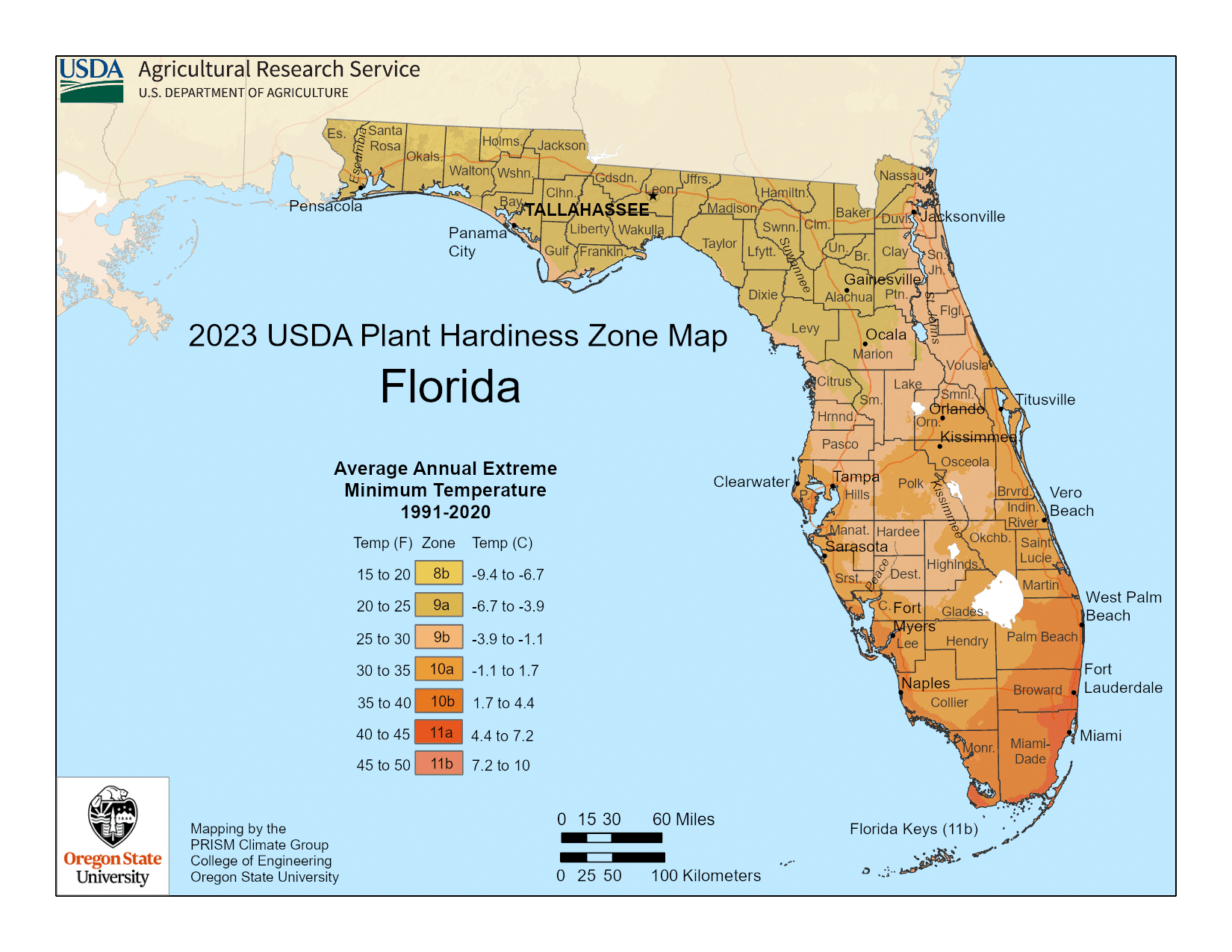 Florida USDA hardiness zone map