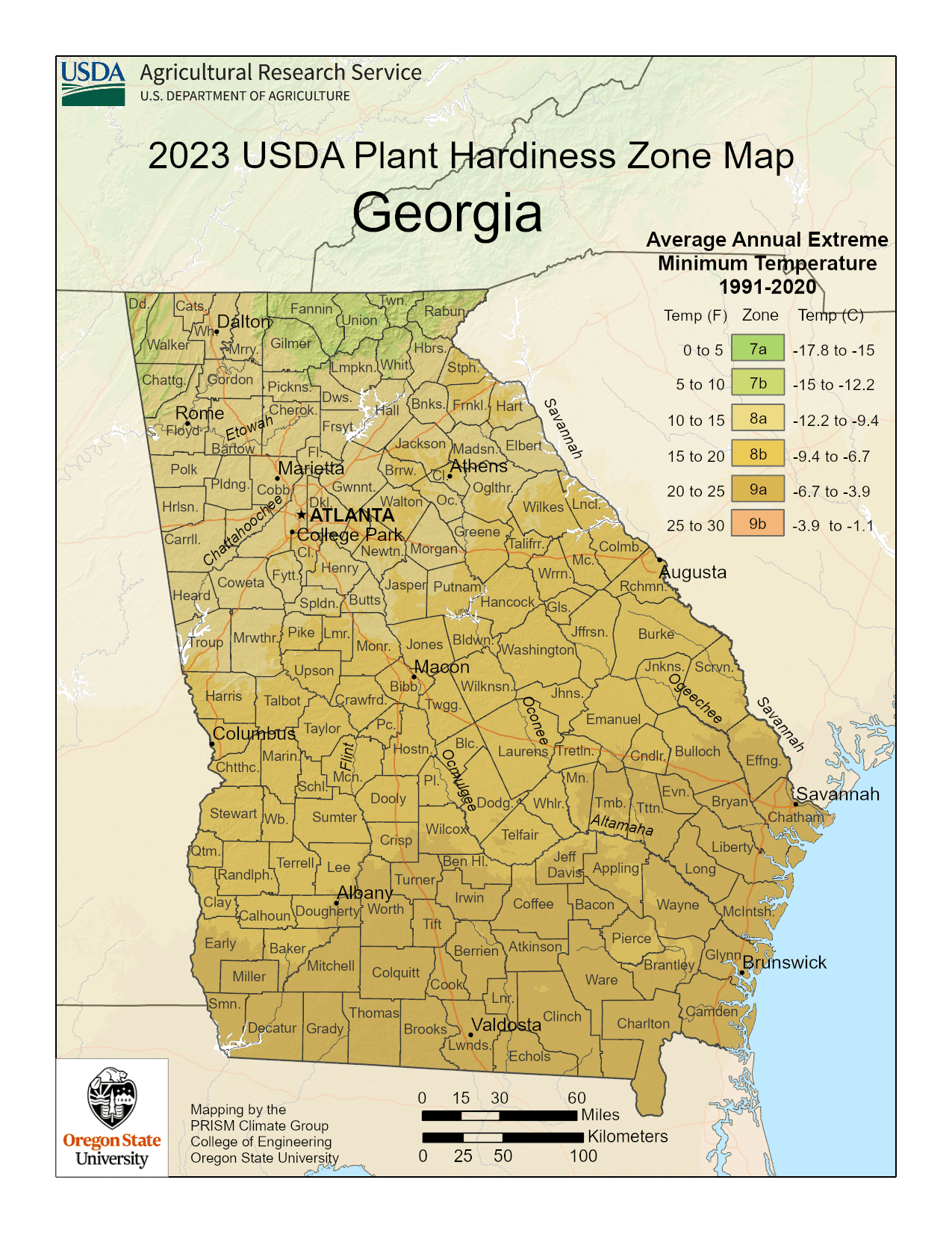 Georgia USDA hardiness zone map