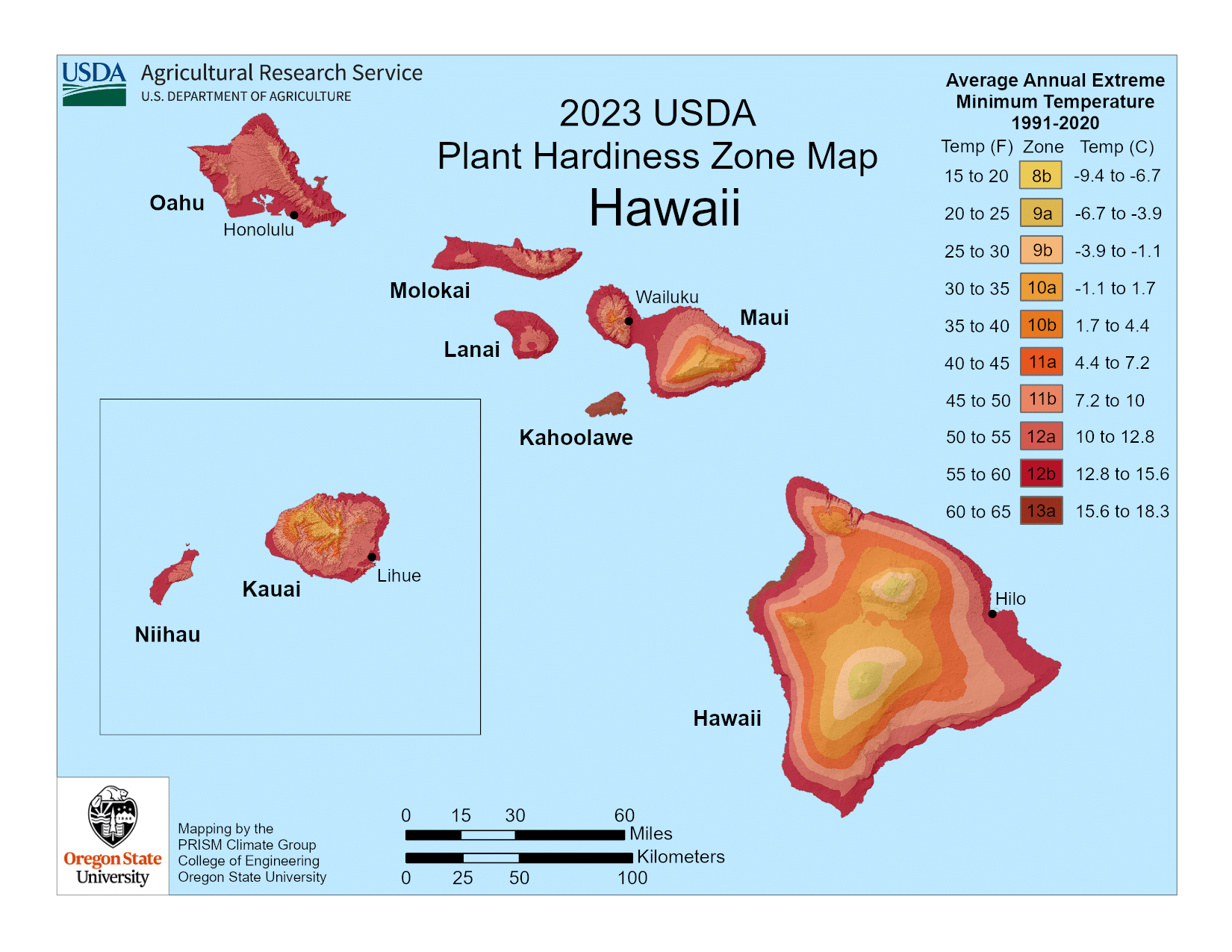 Hawaii USDA hardiness zone map