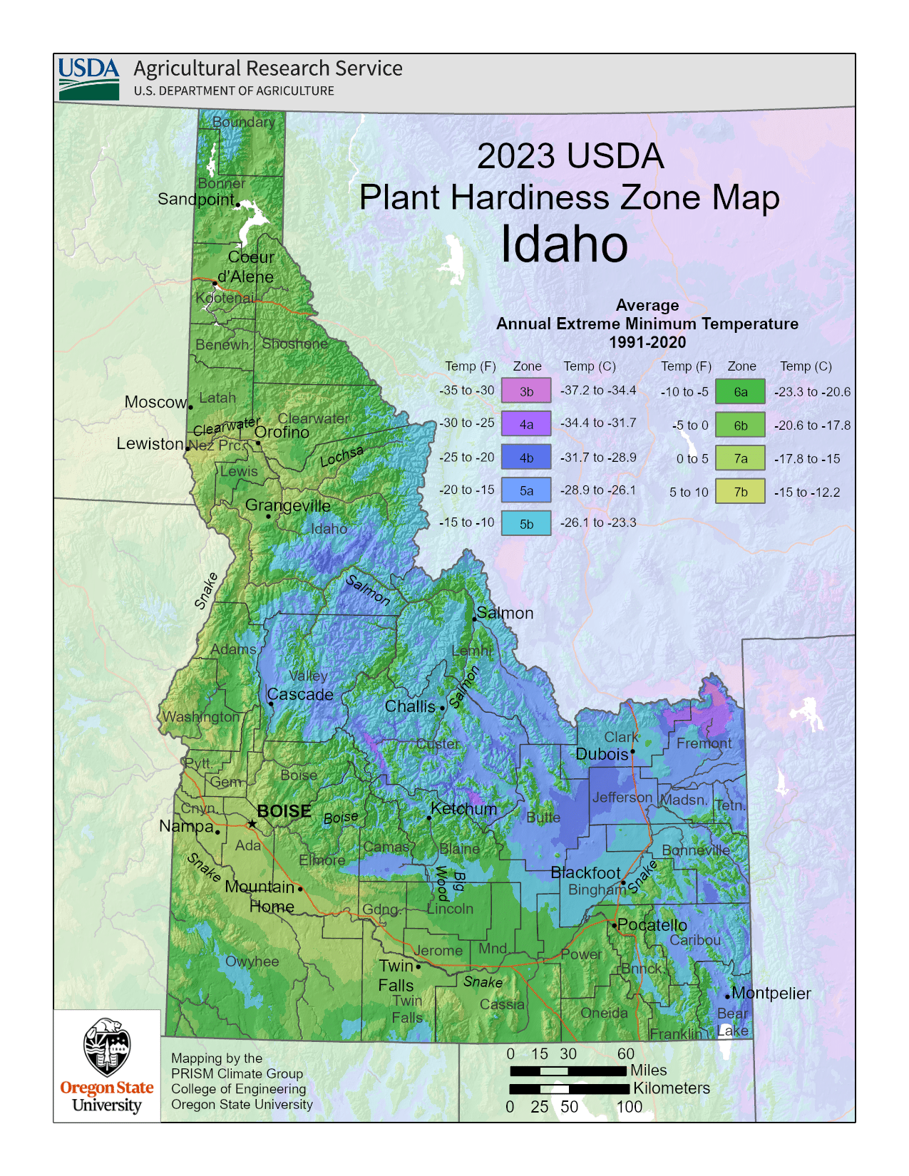 Idaho USDA hardiness zone map