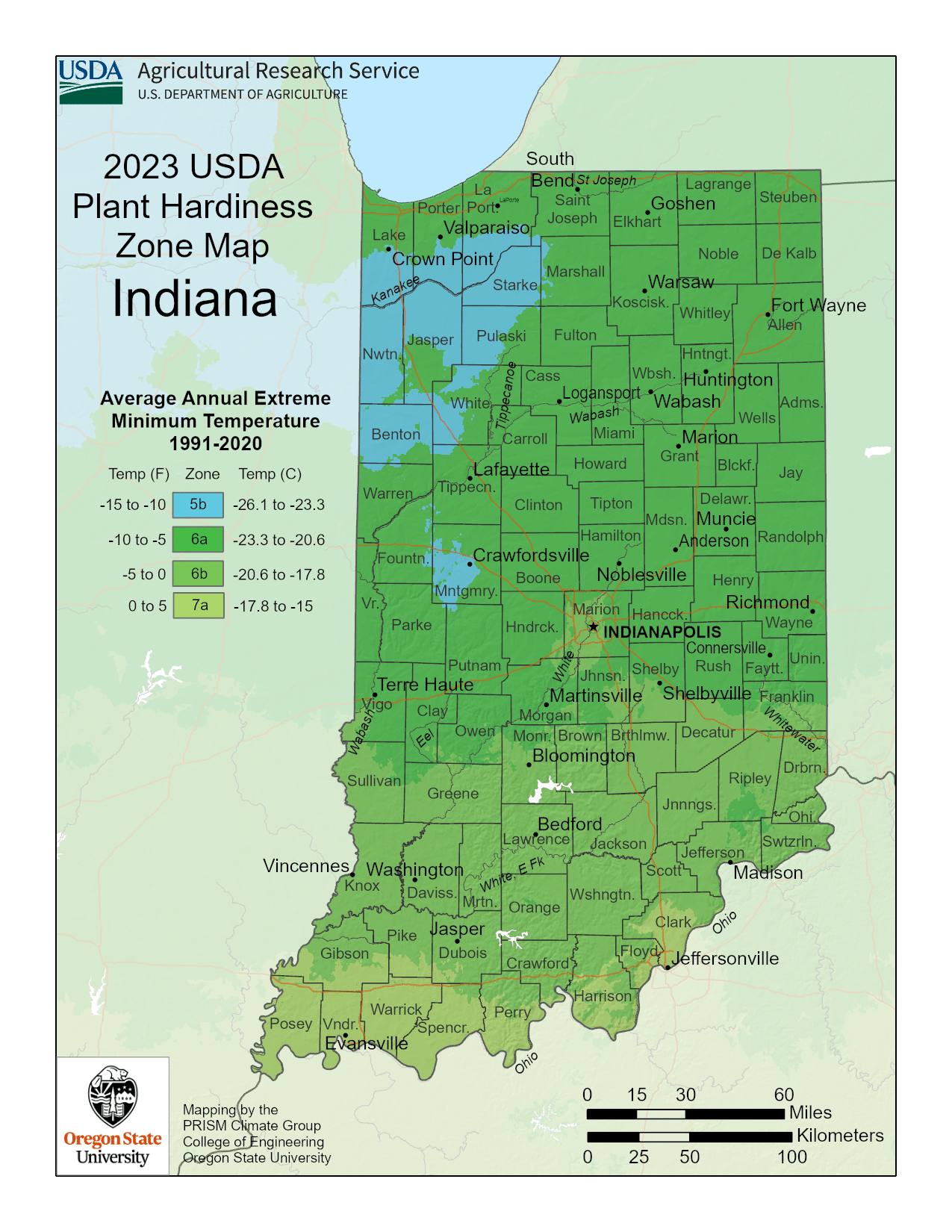 Indiana USDA hardiness zone map