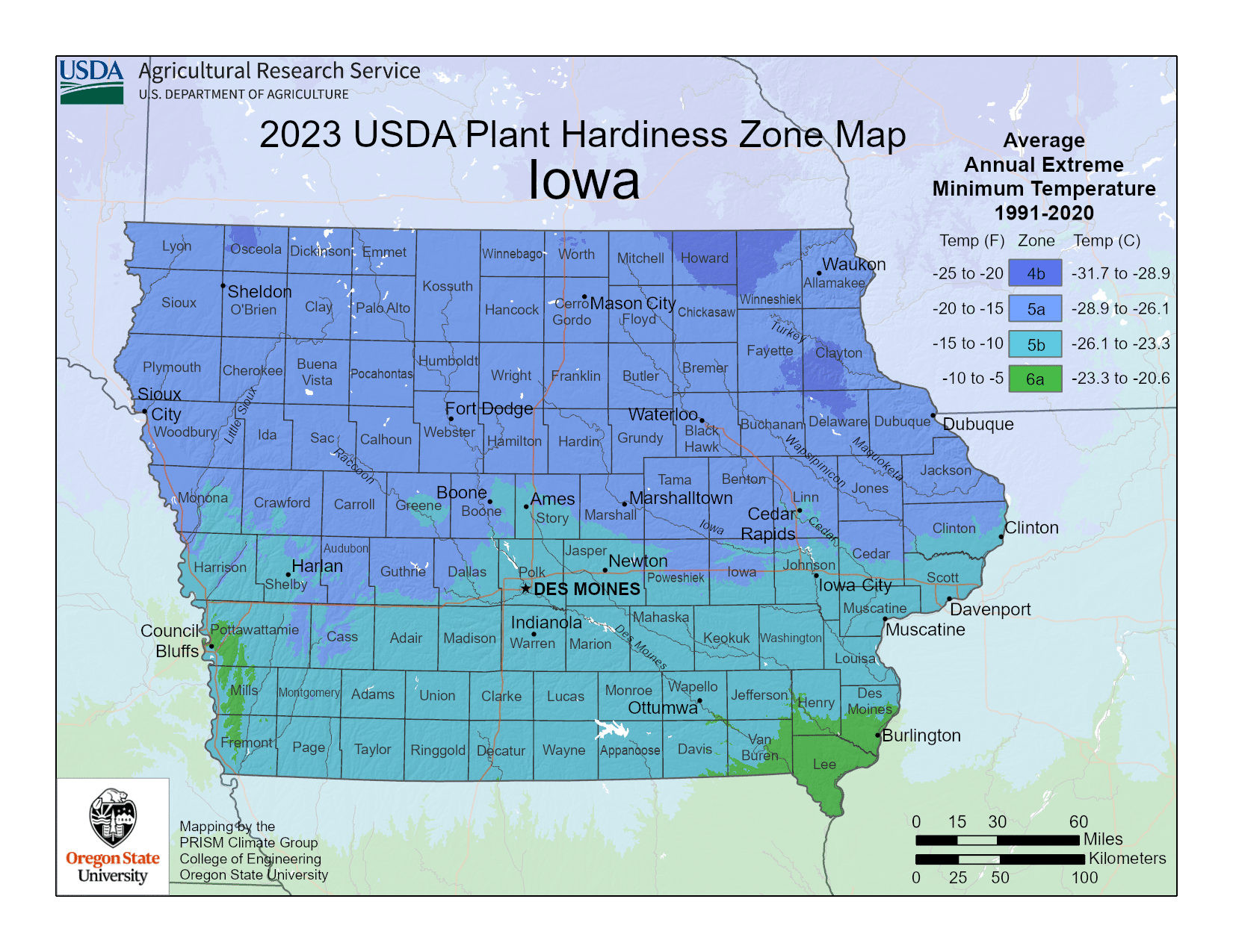 Iowa USDA hardiness zone map