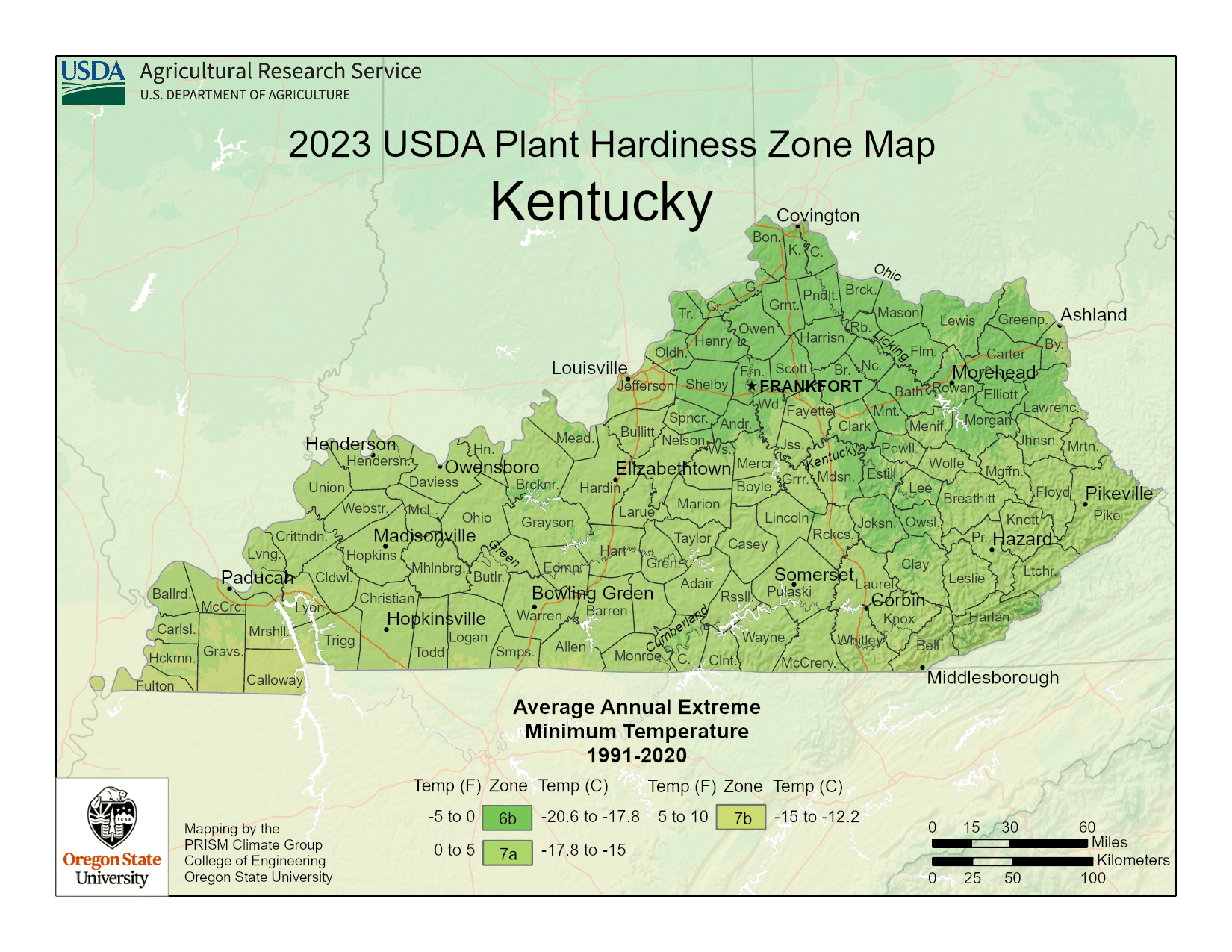 Kentucky USDA hardiness zone map