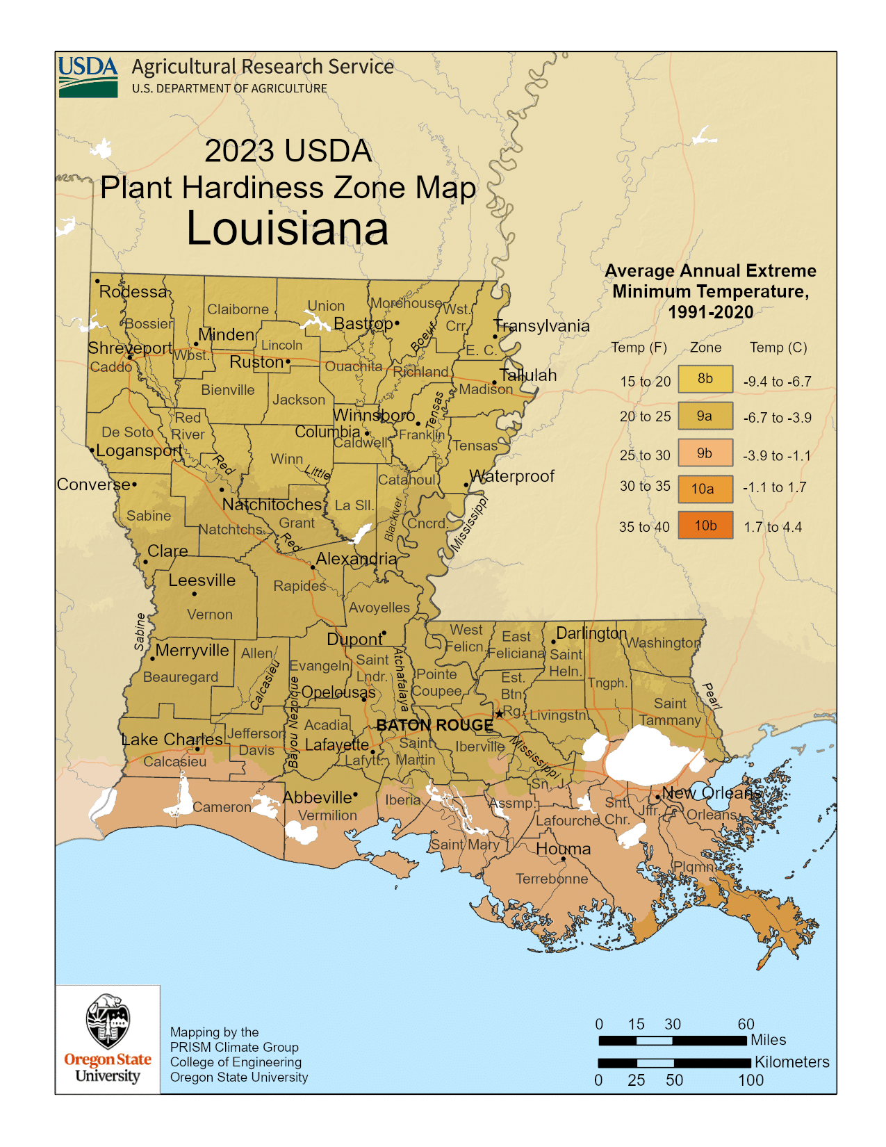 Louisiana USDA hardiness zone map