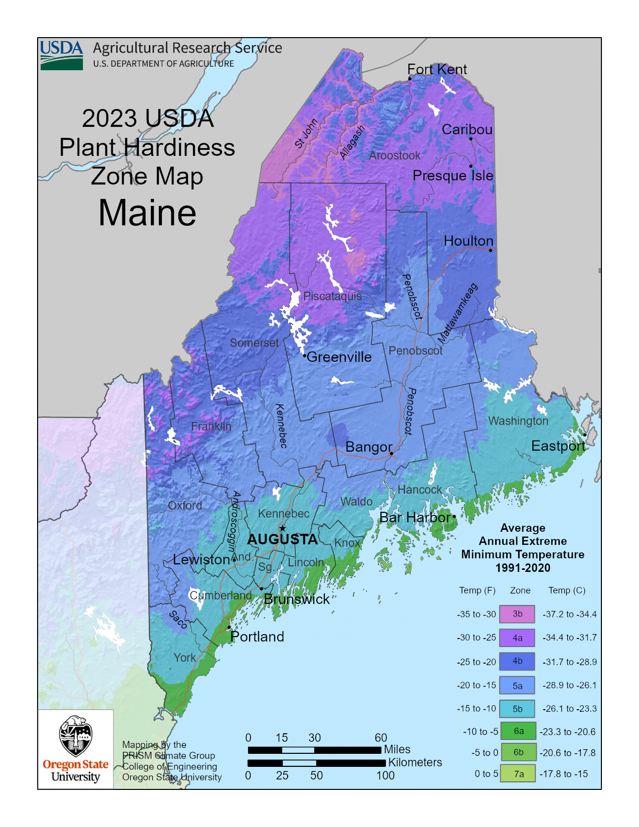 Maine USDA hardiness zone map