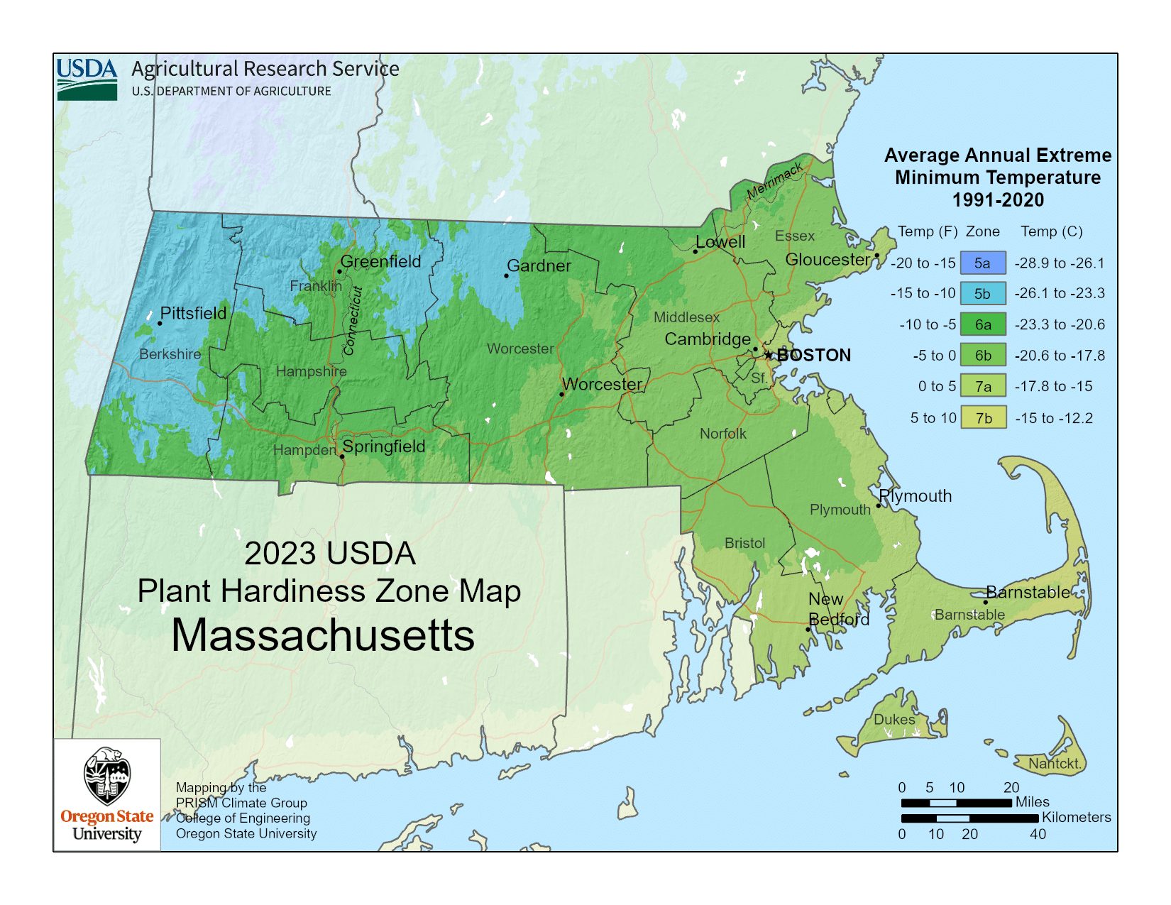 Massachusetts USDA hardiness zone map