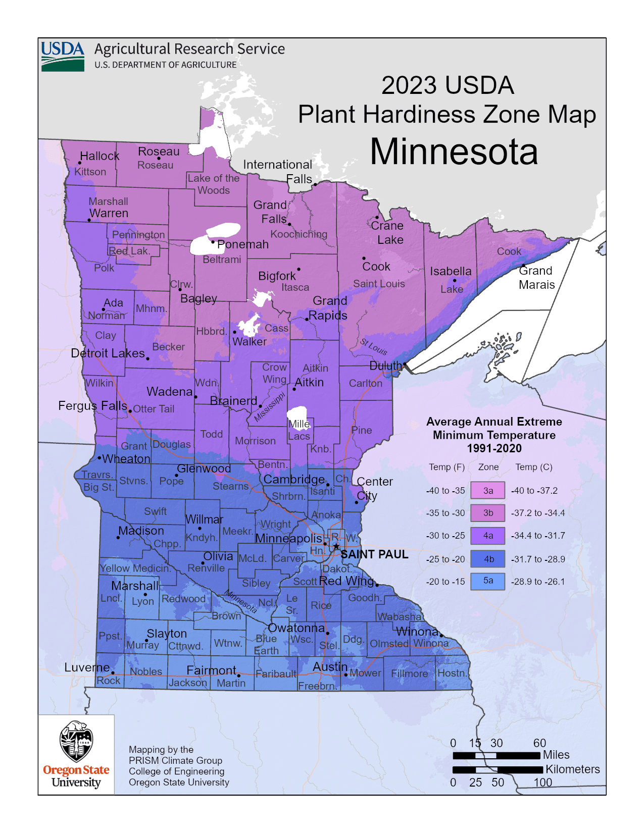 Minnesota USDA hardiness zone map