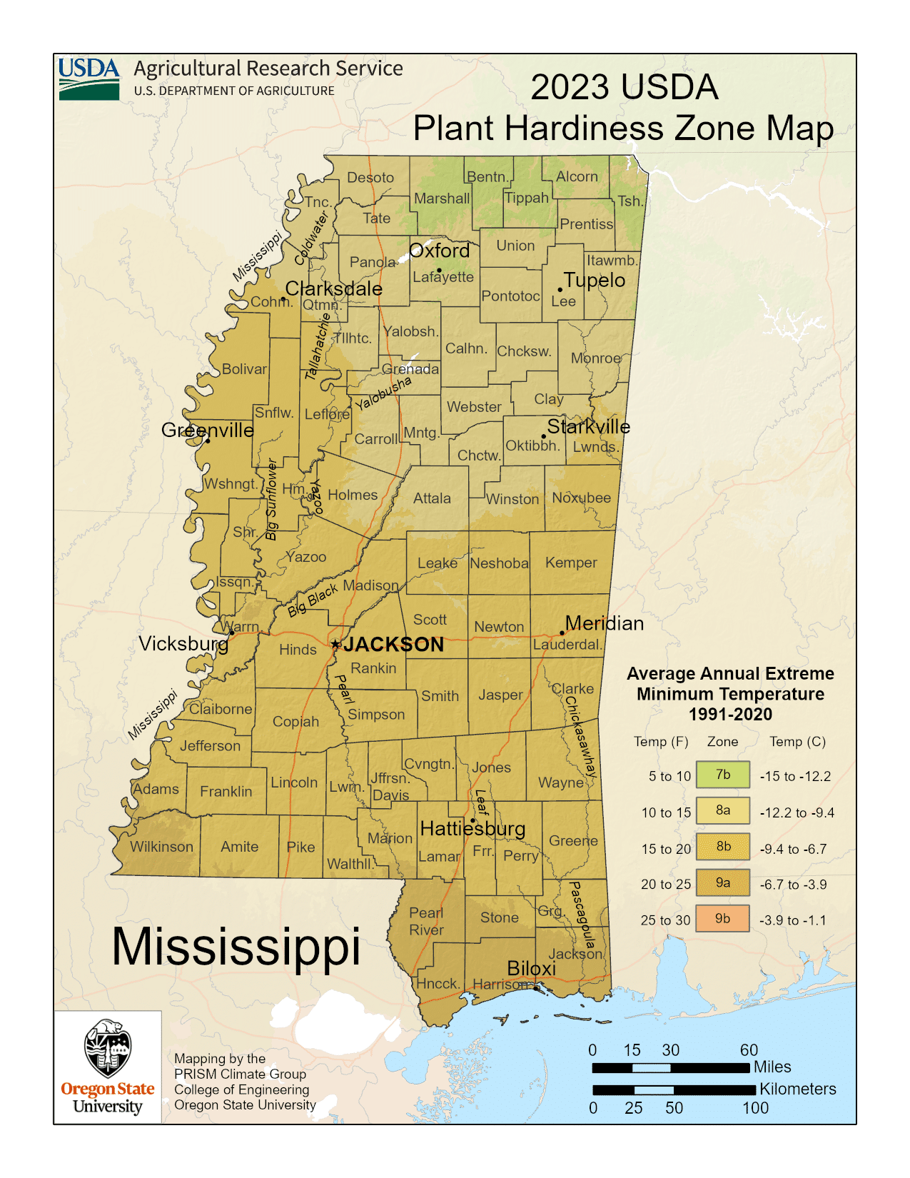 Mississippi USDA hardiness zone map