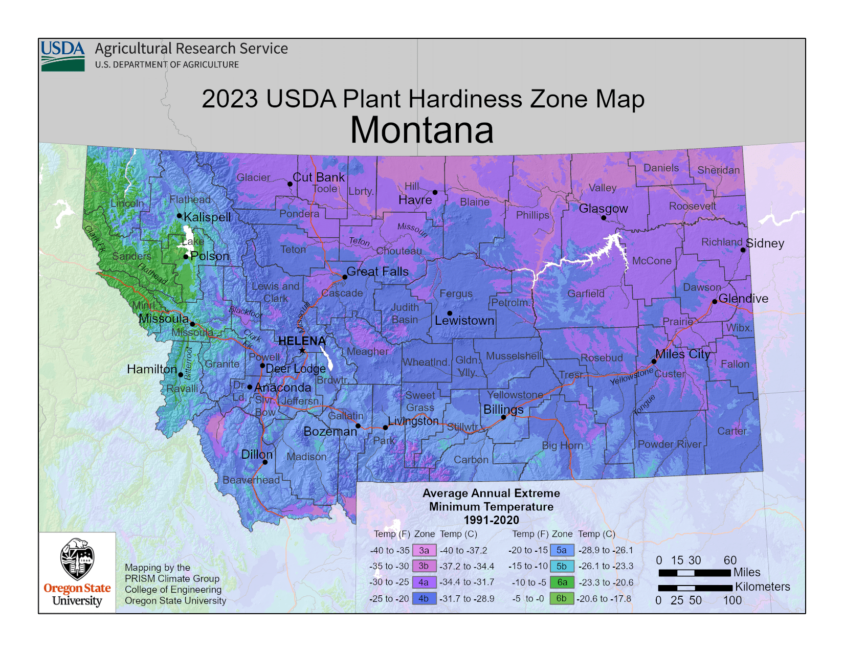 Montana USDA hardiness zone map