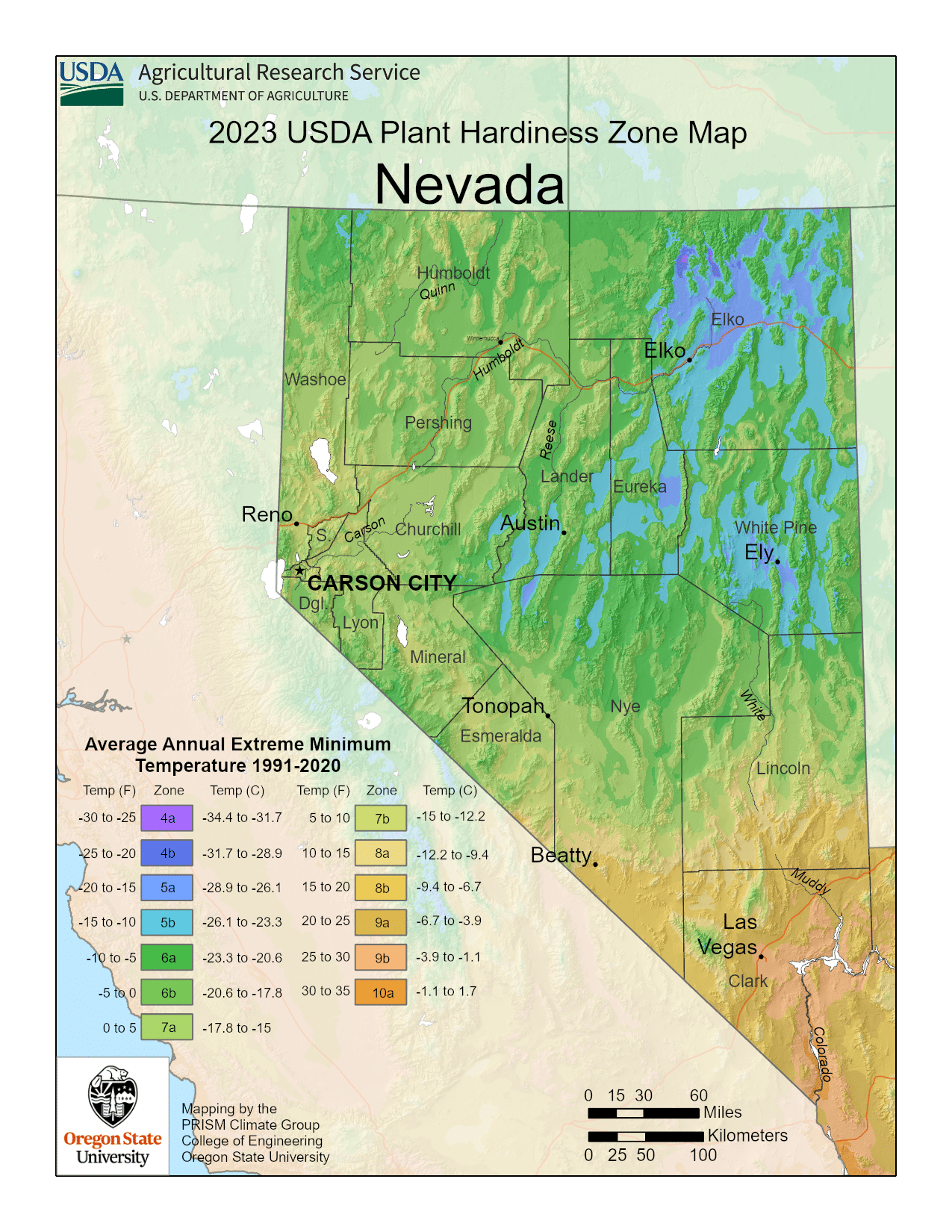 Nevada USDA hardiness zone map